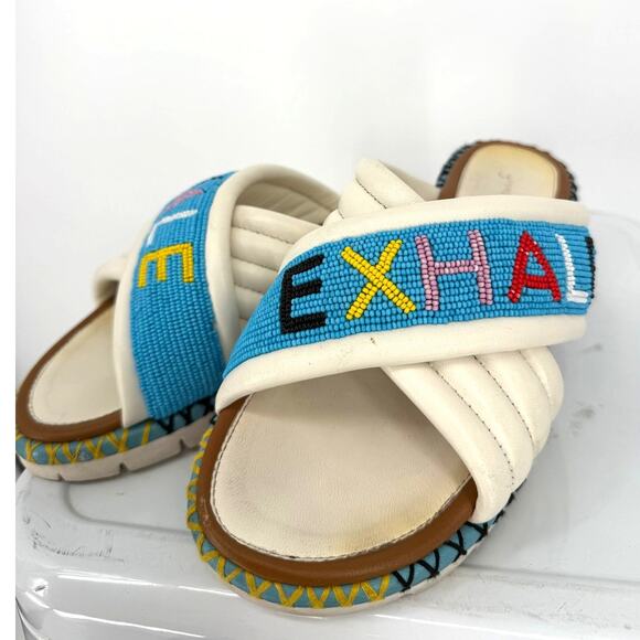 Rue De La Lune Slide Sandal Exhale Beaded Puff Padded Crossover Strap - Picture 2 of 7